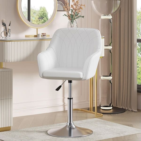 Vanity Chair White Velvet Chrome Pedestal Base Fan Stitched Swivel