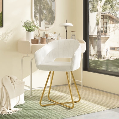 Vanity Chair, White, Vertical Channel Tufting, Gold Cross-Base Legs