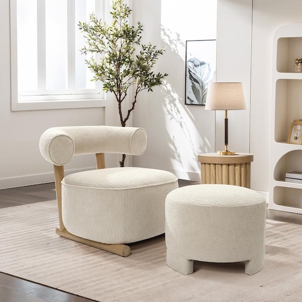 Vanity Chair with Ottoman, Modern Two-Tone U-Shape Back, Cream & Brown