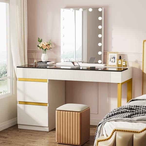 Vanity Desk Glass Top Fluted Drawers Hollywood Mirror White Gold