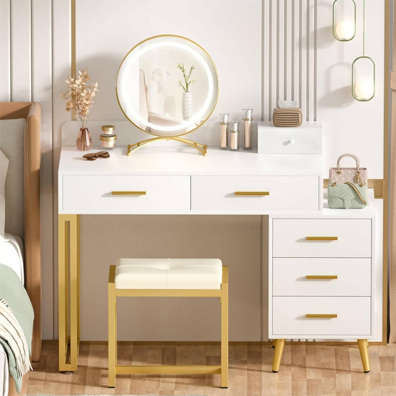 Vanity Desk Two-Tone Circular LED Mirror Gold Bar Handles