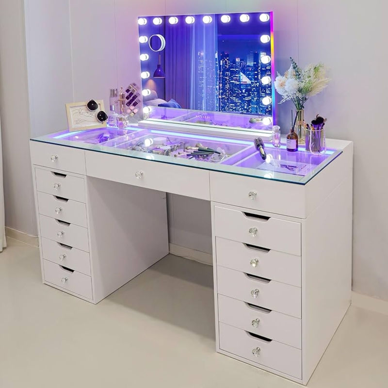 Vanity Desk White Glass Top RGB Backlit Mirror Crystal Knobs