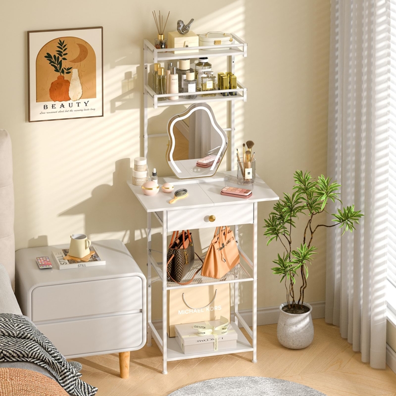 Vanity Desk White Tiered Shelving with Fabric-Front Drawer