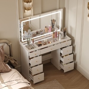 Vanity Desk White with Glass Top and Integrated LED Lighted Mirror