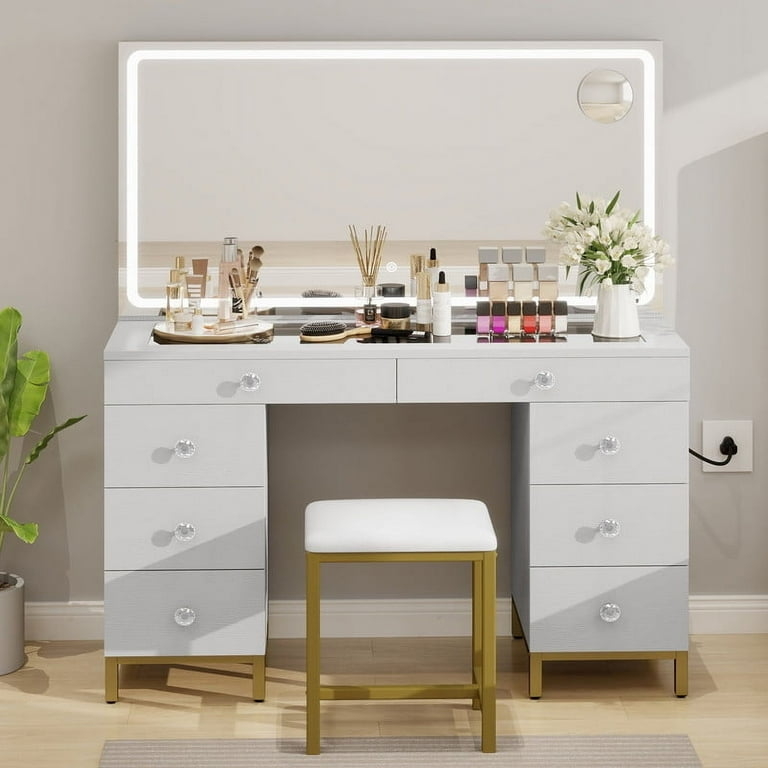 Vanity Desk with Crystal Knobs, Gold Base, and 8 Drawer Vanity Set