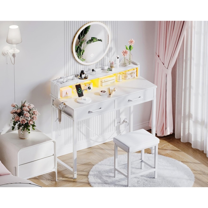 Vanity Desk with Hutch and Integrated LED Lighting Strip