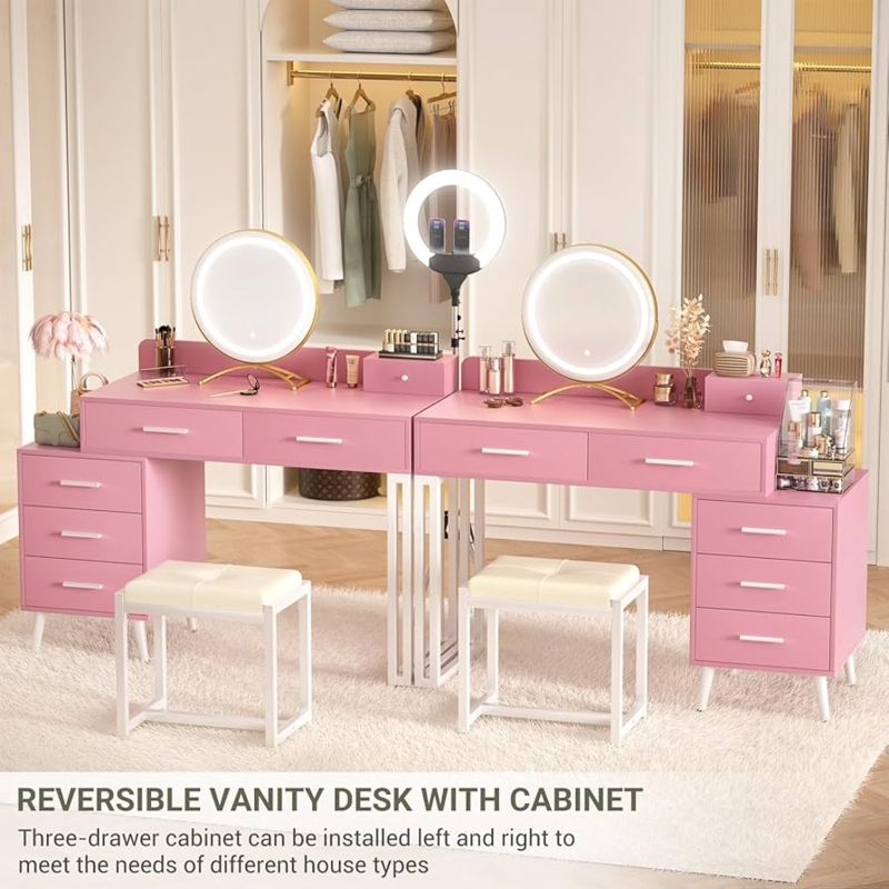Vanity Desk with Reversible Cabinet and Integrated LED Ring Mirror