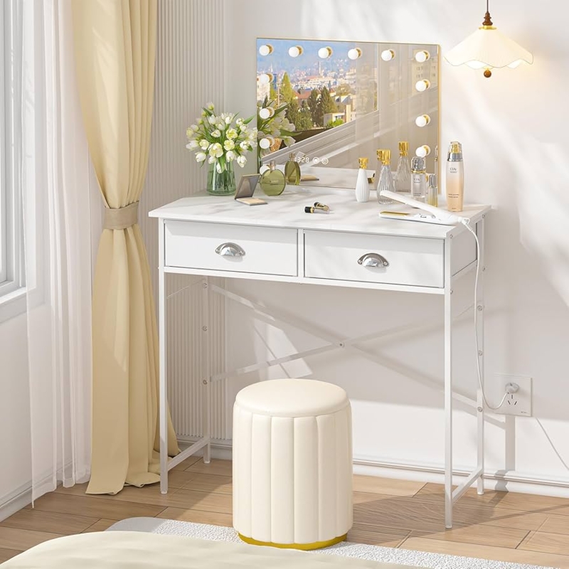 Vanity Desk with Ribbed Stool and Integrated Bulb Lighting