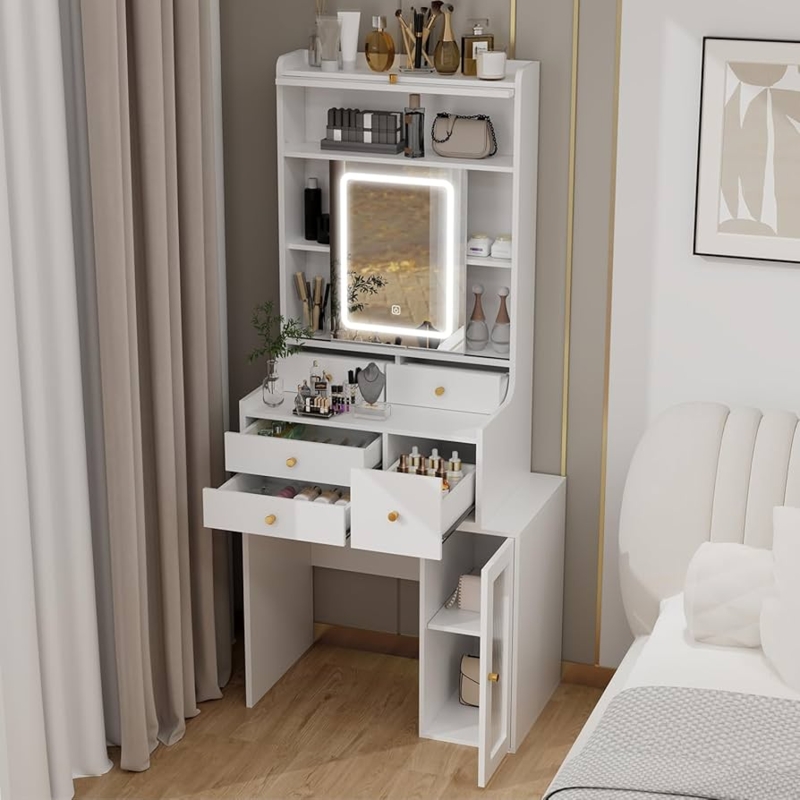 Vanity Desk with Sliding Lighted Mirror and Side Glass Cabinet
