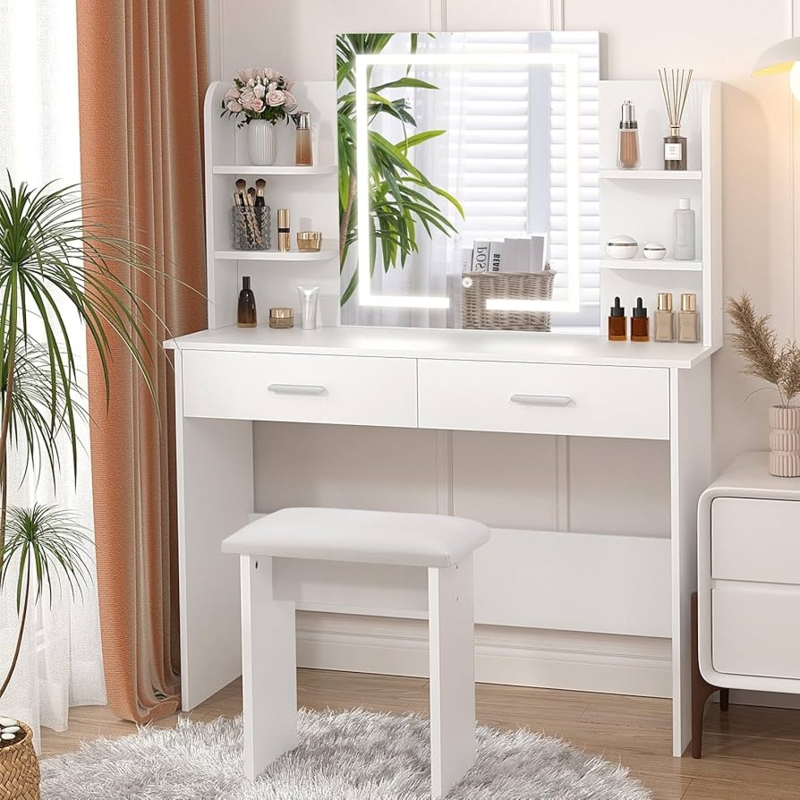 Vanity Desk with Vertical Shelving Storage and Gold Hardware