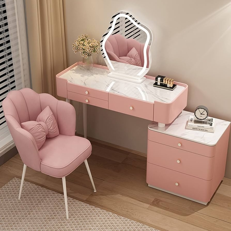 Vanity Desk with Wavy Lighted Mirror and Shell Chair