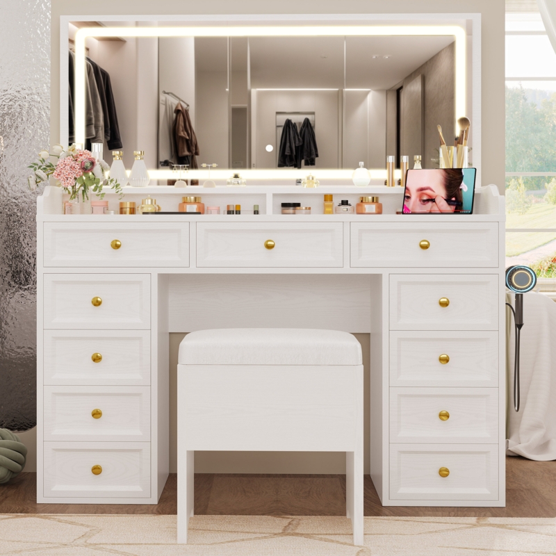 Vanity Set 11 Drawer Makeup Desk White LED Border Mirror Gold Knobs