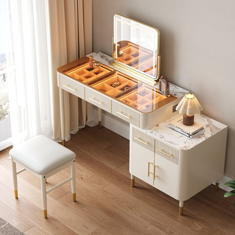 Vanity Set Glass Top Organizer Ribbed Drawers Gold Tipped Legs