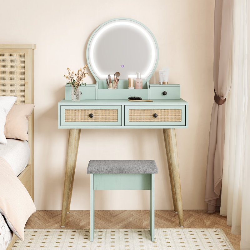 Vanity Set in Mint Green Finish with Cane Drawer Fronts