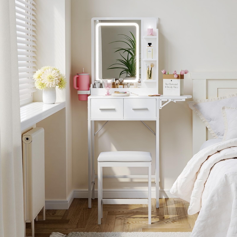 Vanity Set with Fold-Out Extension and LED Mirror