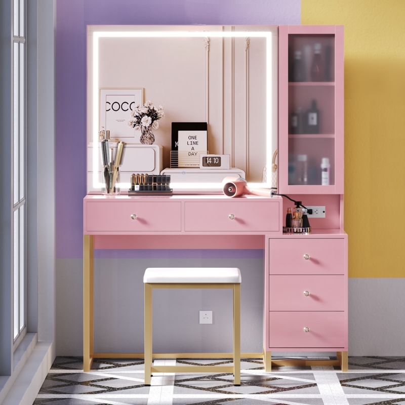 Vanity Set with LED Mirror, Gold Metal Legs, Frosted Glass Cabinet