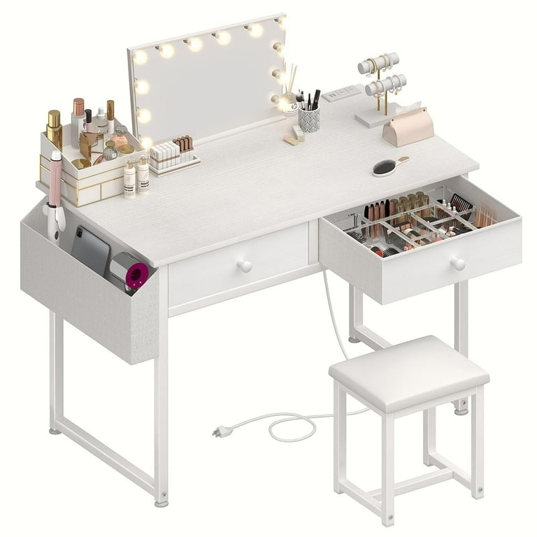 Vanity Set with Side Storage Pocket, Hollywood Lighting, and Power Strip