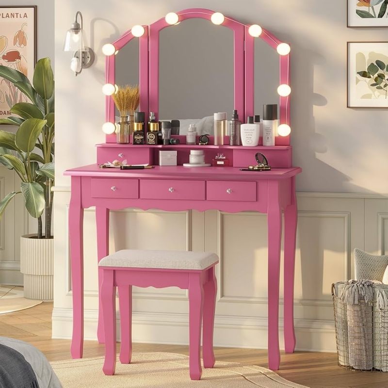 Vanity Set with Tri-Fold Mirror and Hollywood Lights, Pink