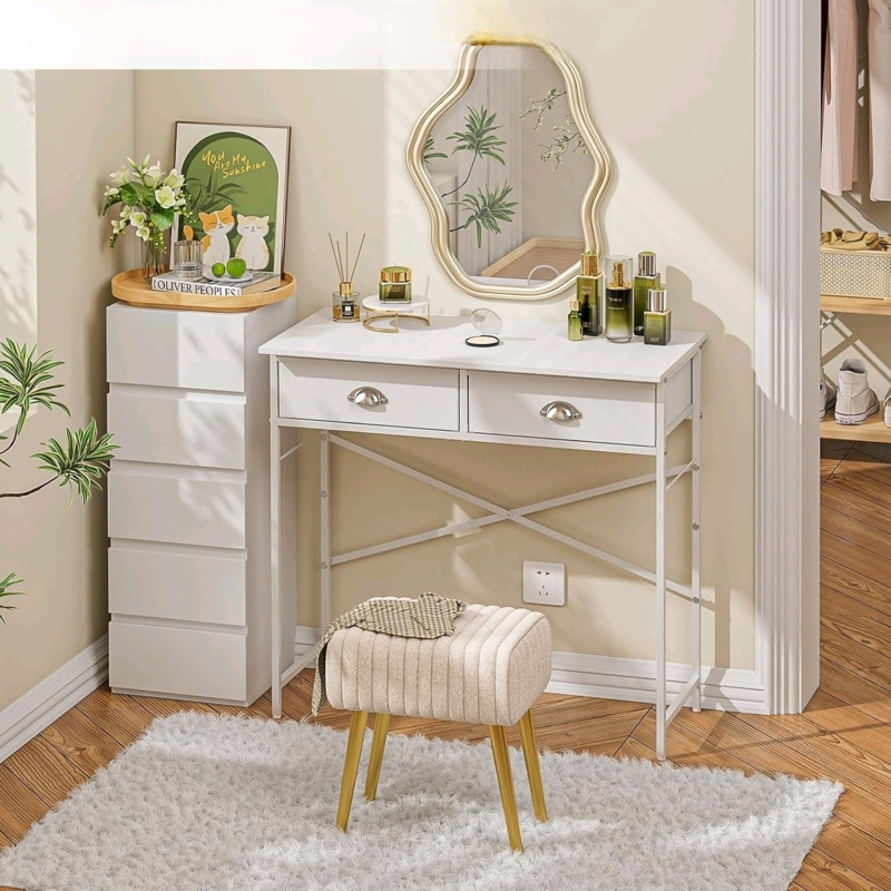 Vanity Set with X-Frame Base and Ribbed Stool Gold Legs