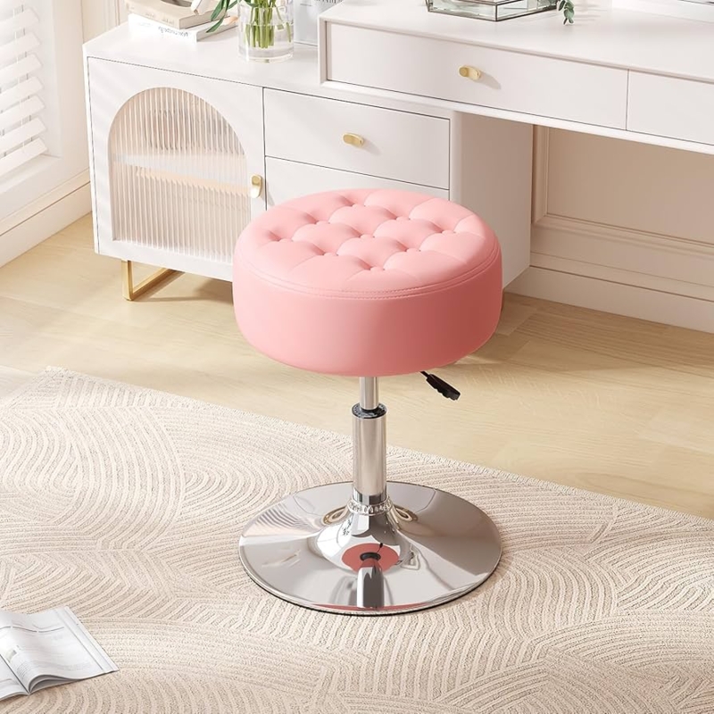 Vanity Stool Adjustable Swivel Chrome Pedestal Tufted Seat