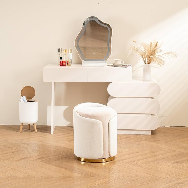 Vanity Stool Beige Round Seat Polished Gold Base Backless Modern