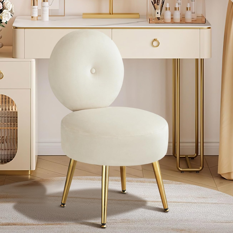 Vanity Stool Beige Velvet Single Button Tuft Polished Gold Legs