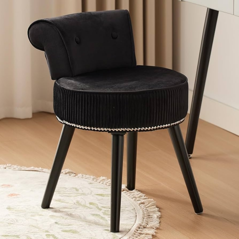 Vanity Stool Black Velvet Beaded Trim Ribbed Seat Tufted Back
