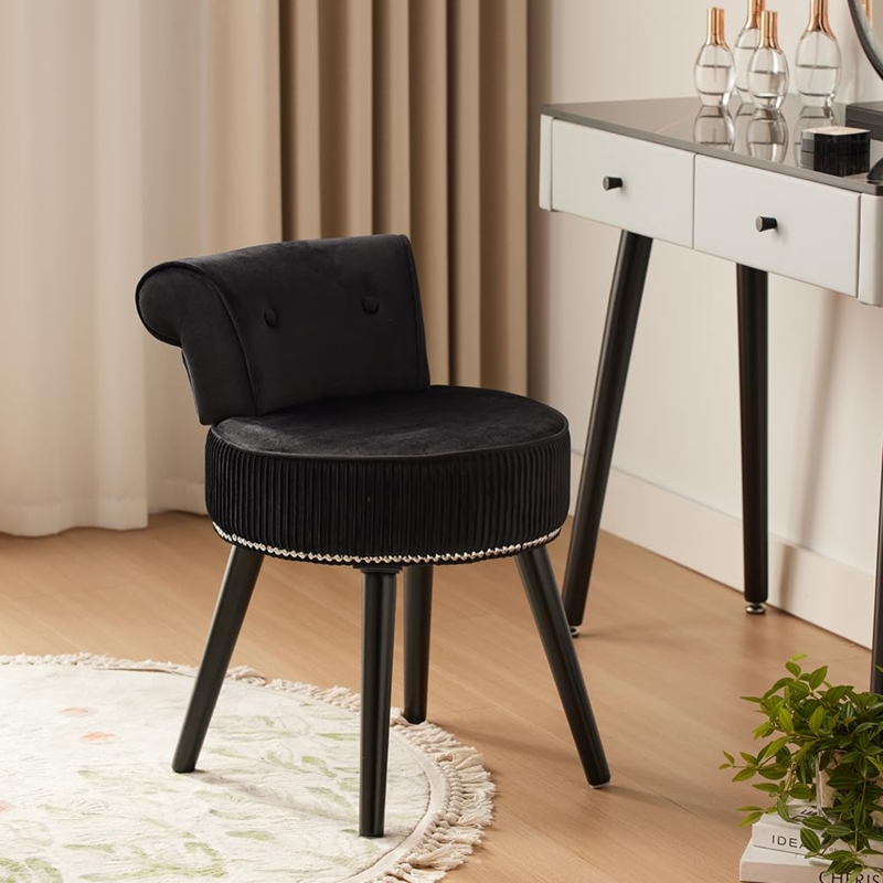 Vanity Stool Black Velvet Pleated Seat Beaded Trim Low Tufted Back