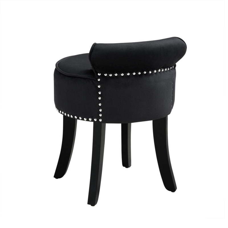 Vanity Stool Black Velvet Rolled Back Silver Nailhead Trim