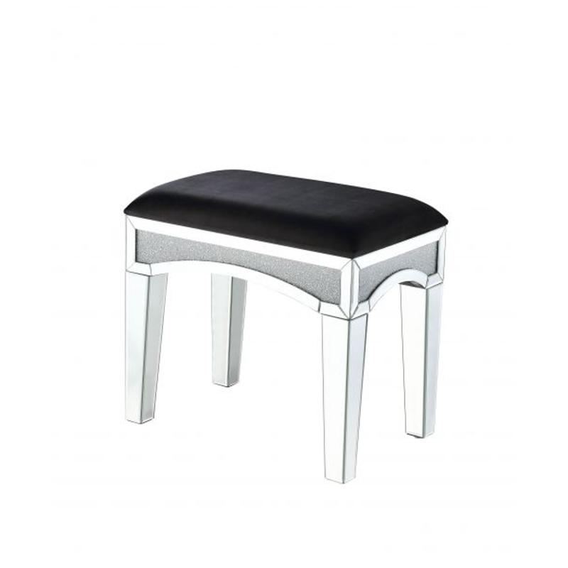 Vanity Stool Black Velvet Seat Mirrored Frame with Glitter Inlay Glam