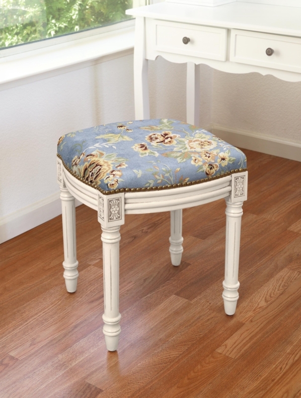Vanity Stool Blue Floral Upholstery Fluted Legs Antique White Frame
