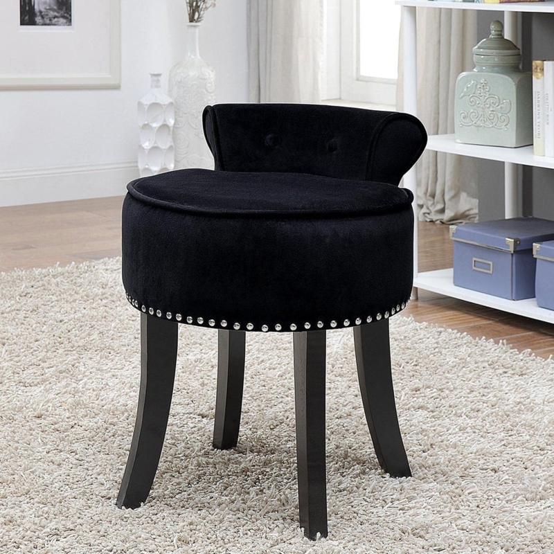 Vanity Stool Cabriole Legs Black Velvet Button Tufted Nailhead Trim