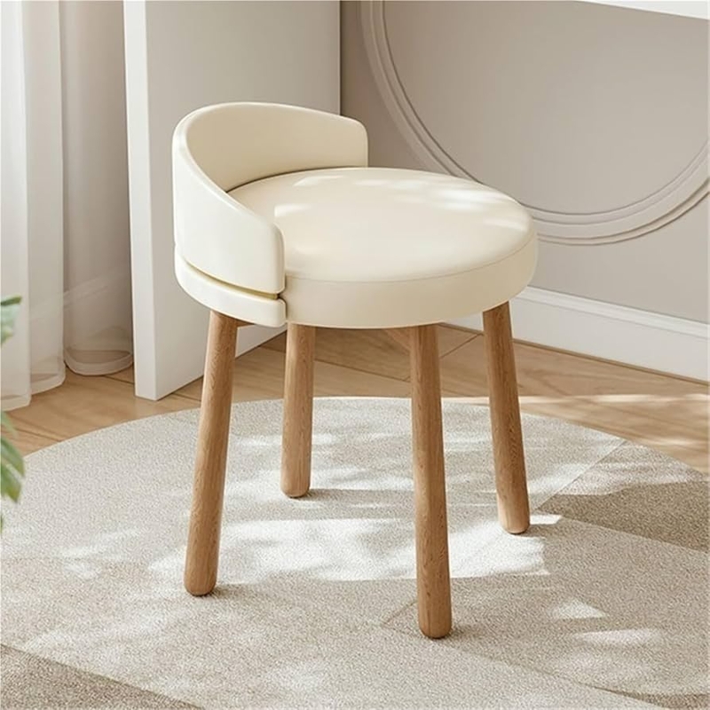 Vanity Stool Cream Faux Leather Low Curved Back Tapered Wood Legs