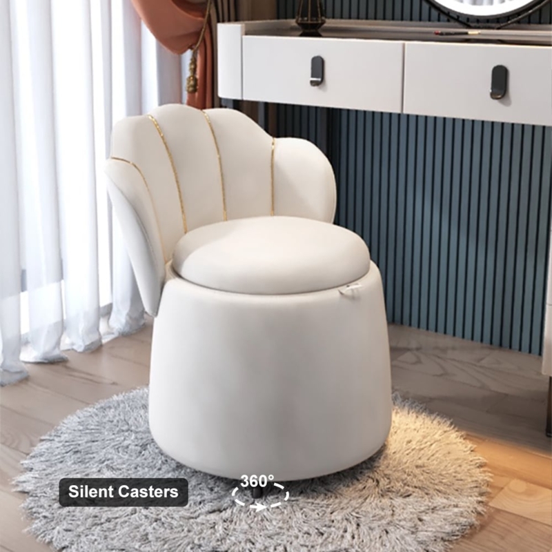 Vanity Stool Cream Petal Back Gold Trim Swivel Drum Base Glam