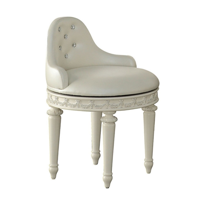 Vanity Stool Crystal Tufted Swivel Carved Apron Ivory Traditional
