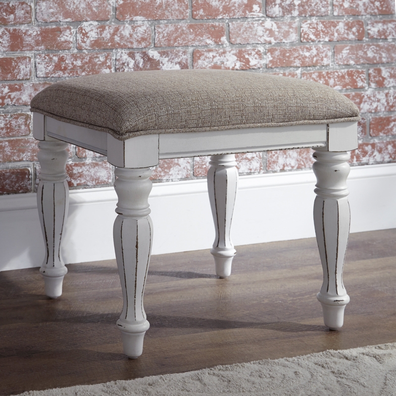 Vanity Stool Distressed White Turned Legs Taupe Woven Seat French