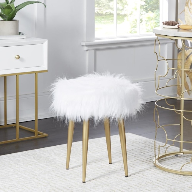 Vanity Stool Faux Fur Shaggy Round Gold Tapered Legs Glam Seat