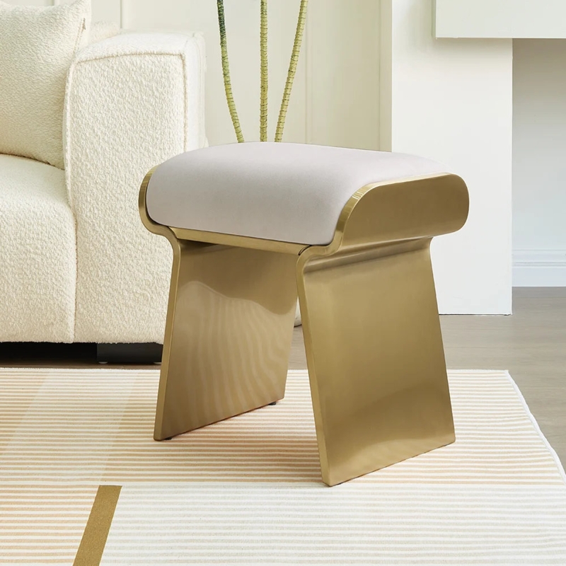 Vanity Stool Gold Backless Sculptural Slab Legs Beige Seat Modern