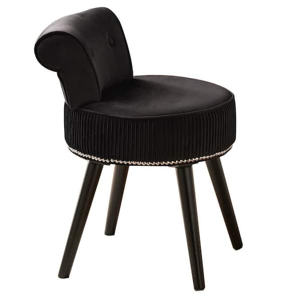 Vanity Stool in Black Velvet featuring Pleated Base and Beaded Trim