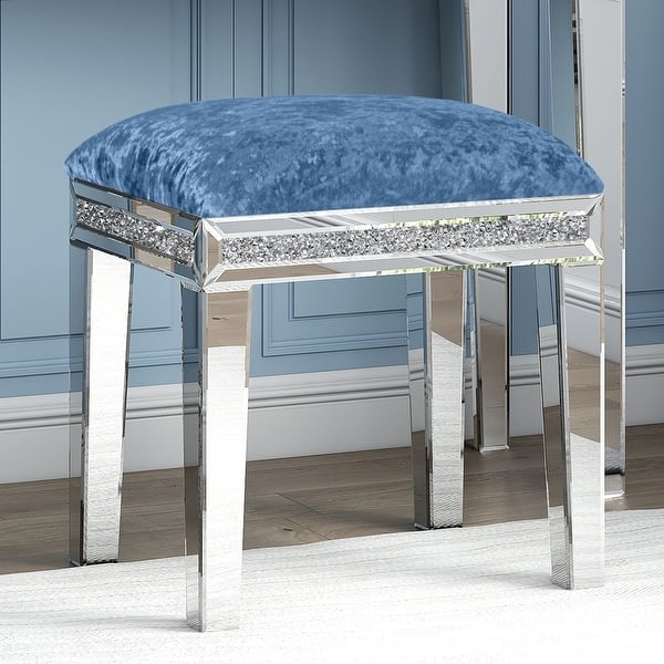 Vanity Stool Mirrored Frame Crystal Inlay Blue Velvet Seat Tapered Legs