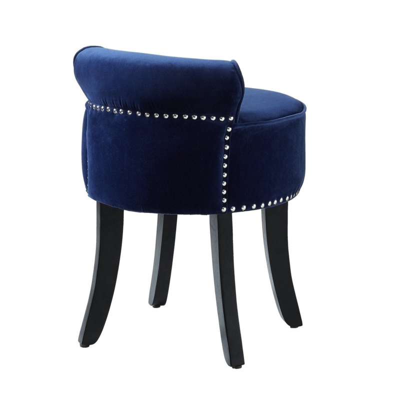 Vanity Stool Navy Blue Velvet Flared Legs Rolled Back Nailhead Trim