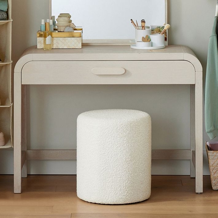 Vanity Stool Off-White Boucle Cylindrical Backless Minimalist