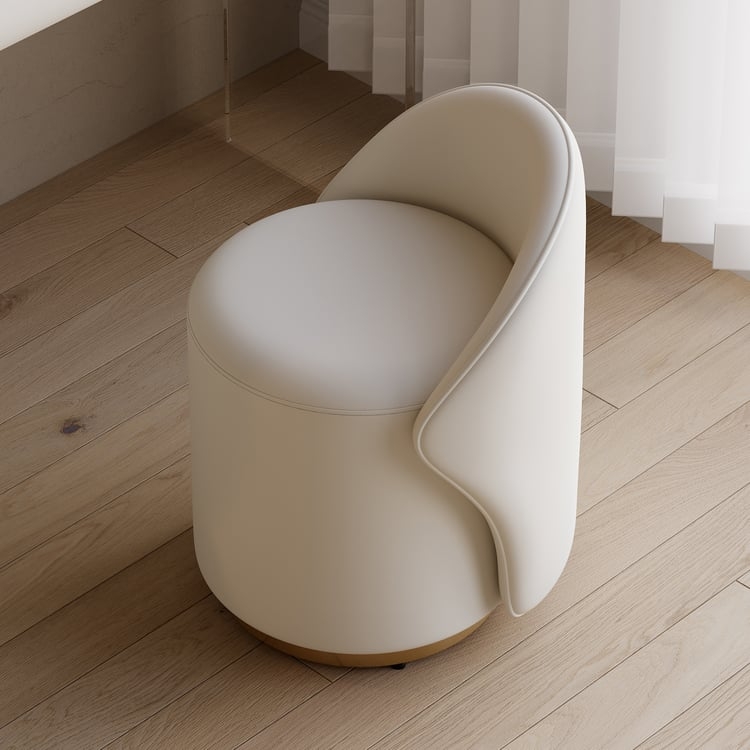 Vanity Stool Off White Leather Like Gold Plinth Base Wrap Around Back