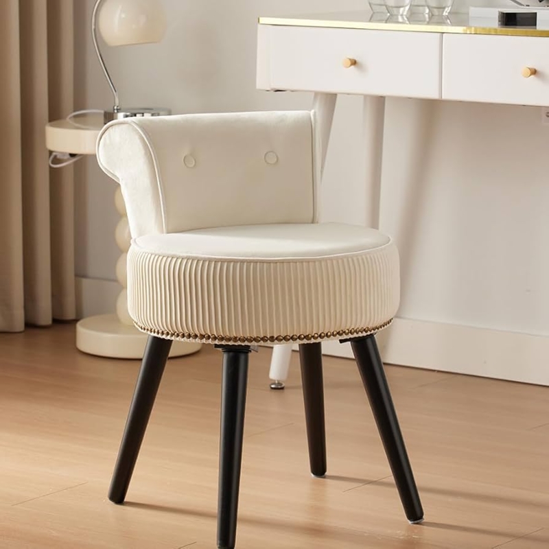 Vanity Stool Off-White Velvet Ribbed Seat Gold Beaded Trim Low Back