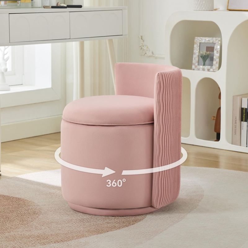 Vanity Stool Pink Velvet Swivel Base Storage Ribbed Wave Back