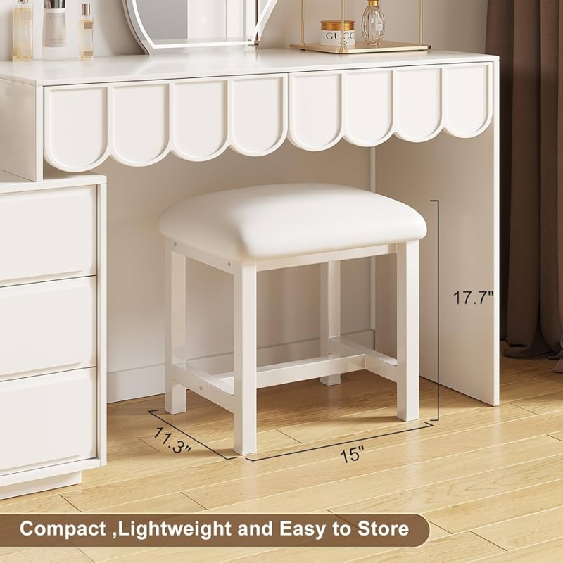 Vanity Stool Rectangular White Faux Leather Compact Bench Seat