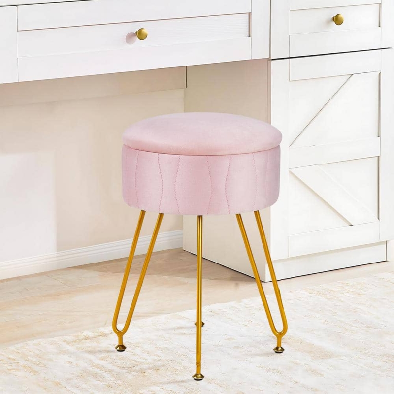 Vanity Stool Ribbed Round Blush Velvet Gold Tapered Legs