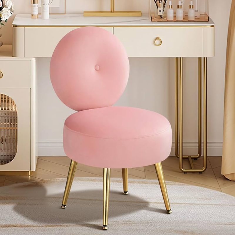 Vanity Stool Round Back Button Tufted Gold Tapered Legs