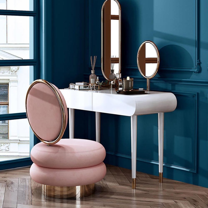 Vanity Stool Round Back Double Cushion Seat Gold Accent