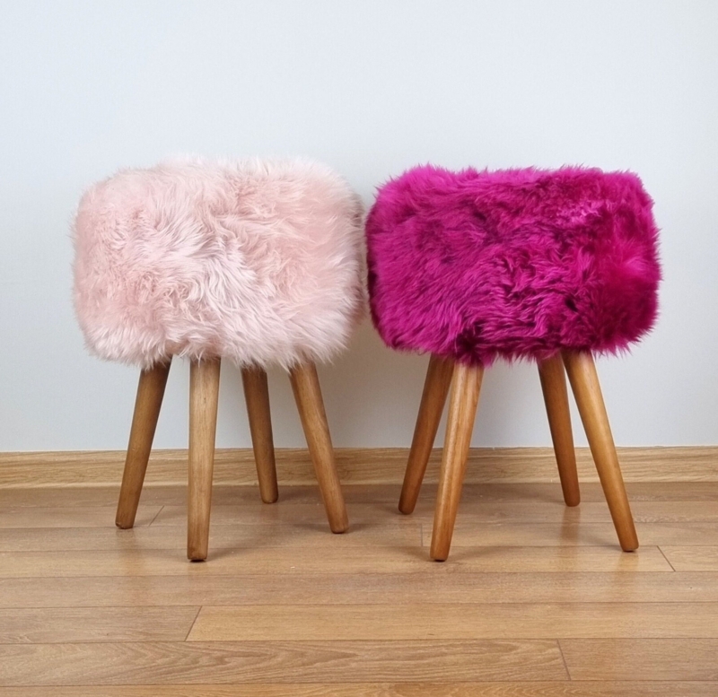 Vanity Stool Shaggy Sheepskin Top Tapered Wood Legs Round Long Pile